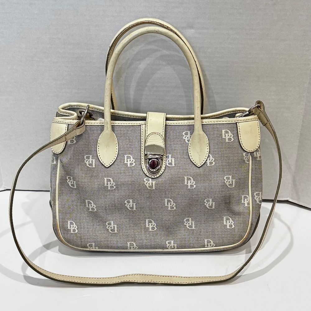 Dooney‎ & Bourke Monogram Canvas Leather Trim Satchel Bag Cream Beige Pink Liner - Picture 2 of 12